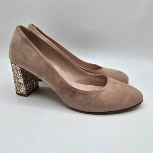Kate Spade New York gold glitter chunky heel beige suede pump size 7.5